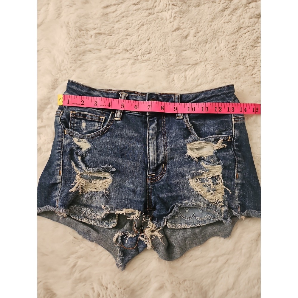 American Eagle Super Stretch Denim Shorts Womens Size 4 Hi-Rise Distressed Blue - Picture 5 of 12